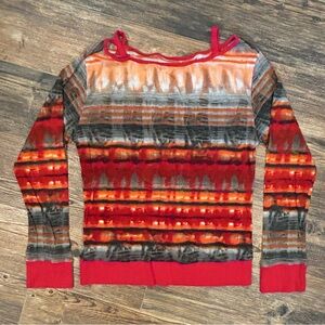 Y2K Abstract Tie Dye Mesh Top | Stretchy Fitted Long Sleeve Red Orange Grunge